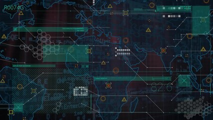 Wall Mural - animation of programming language over map, multiple shapes against black background