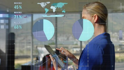 Poster - Animation of statistical data processing over caucasian businesswoman using digital tablet at office