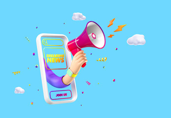 Wall Mural - News information alert from hand with мan megaphone or loudspeaker on a phone. Flat cartoon announce notification banner sign on a blue background. 3d render