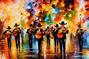 Sertanejo music perfomance illustration, musicians at the night street impressionism style painting, brasilian band with instruments festival, Generative AI