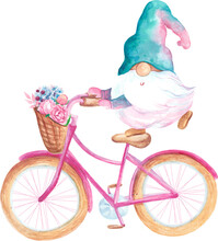 Watercolor Valentine Gnomes On Bicycle Illustration, Happy Valentine's Day Sublimation PNG
