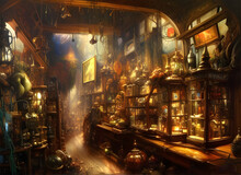 Painting Of The Interior Of An Ancient Antique Shop Cluttered With Mysterious Objects  And Warm Light, Generative Ai Illustration