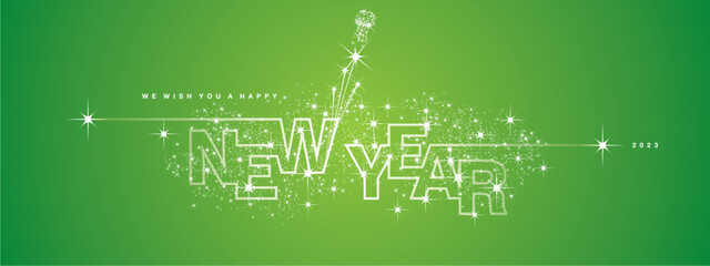 We wish you Happy New Year 2023 line design sparkler firework open champagne 2023 new year eve white lucky green vector wallpaper greeting card