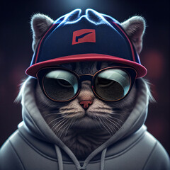 portrait of cat wearing hoodie and cap, generative ai