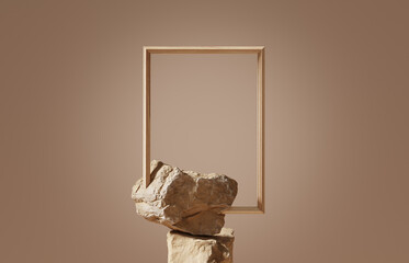 3d podium stone display on beige background. brown rock, cosmetic beauty product promotion pedestal 