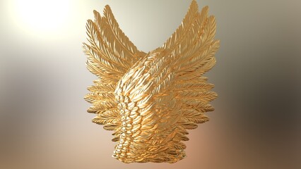 Overlapping metallic golden graduated wings under white-brown lighting background. Concept 3D CG of free activity, decision without regret and strategic action.