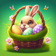 Ai generated cute cartoonish Easter bunny in a basket with Easter eggs