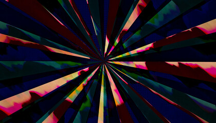 Pop art dark comic book or cartoon radial explosion stripes in old pink and green colors, strip cover in glitch wind effect. Futuristic rays explosion isolated retro super hero style radial	