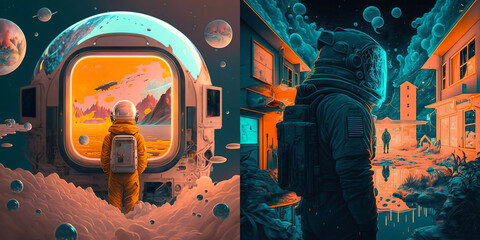 Wall Mural - Illustration of surreal spaceman in the city