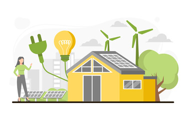 Modern eco house and windmill, solar energy panels. Smart home and save energy sustainable concept. Vector Illustration