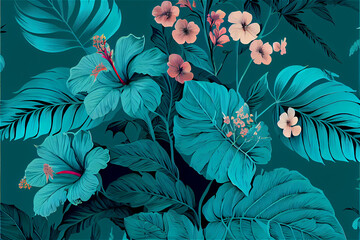 lush vegetation and hibiscus flower patter ideal for tropical and exotic backgrounds in turquoise hues