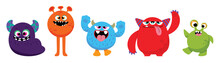 Cute And Kawaii Monster Kids Icon Set. Collection Of Cute Cartoon Monster In Different Playful Characters. Funny Devil, Alien, Demon And Creature Flat Vector Design For Comic, Education, Presentation.