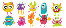 Cute And Kawaii Monster Kids Icon Set. Collection Of Cute Cartoon Monster In Different Playful Characters. Funny Devil, Alien, Demon And Creature Flat Vector Design For Comic, Education, Presentation.