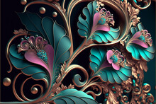 Beautiful Blue And Purple Ornate Pattern With Abstract Flowers And Vines Gold Digital Generative AI Illustration