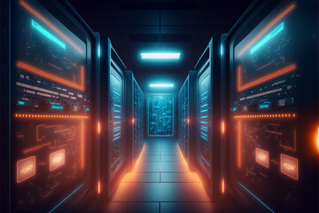 A data center room servers with computers and system storage and lights. Generative AI illustration