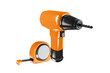 Cordless orange drill and measure tape 3d render.