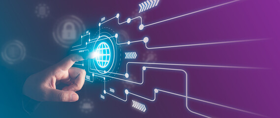 finger touching virtual Global Internet connection metaverse. Business global internet connection application technology and digital marketing, Financial and banking, Digital link tech, big data.