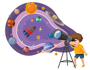 Wall Mural - boy observing planets with telescope