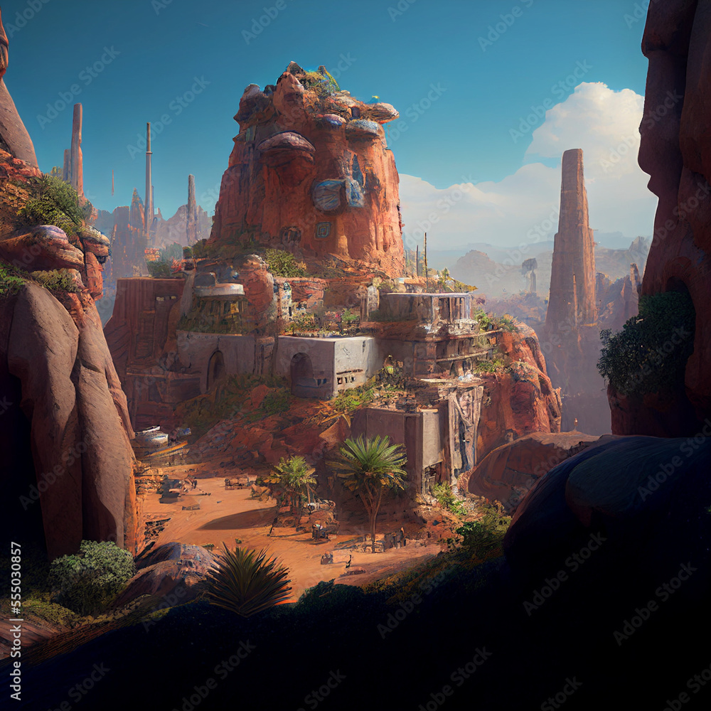 An ancient city built on a giant tufa cliff created with generative AI ...
