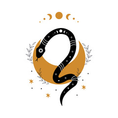 Wall Mural - Magic snake in boho style with moon. Mystical symbol in a trendy minimalist style. Esoteric vector illustration.