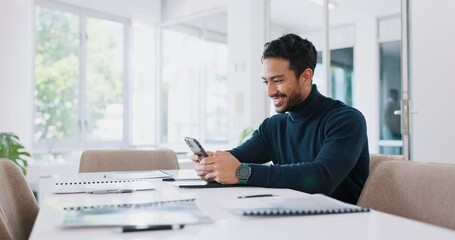 Aufkleber - Business man, phone and typing in office, texting or social media. Tech, break and happy male employee sitting in boardroom alone with mobile smartphone for networking, research or internet browsing