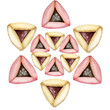 Purim holiday hamantaschen cookies in star of david shape, watercolor illustration of traditional Jewish holiday food