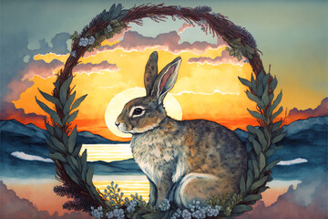 Wall Mural - Bunny Rabbit with Winter Wreath Sunset Sunrise Holiday Christmas Greeting Card Style Painting  Generative AI