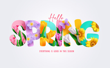Wall Mural - Spring flower text vector design. Hello spring text, font and letters with colorful and blooming flowers decoration elements. Vector Illustration.
