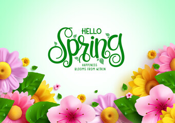 Wall Mural - Hello spring text vector background design. Spring hello greeting typography with blooming fresh flowers elements for holiday season decoration. Vector Illustration.