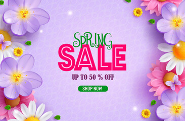 Wall Mural - Spring sale text vector banner design. Spring promo discount offer with fresh blooming flower elements in pattern background. Vector Illustration.