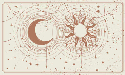 celestial space background with sun and mysterious moon, banner for astrology, zodiac, tarot landing