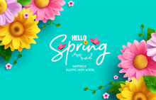 Hello Spring Text Vector Background Design. Spring Greeting Typography With Fresh Bloom Flowers And Butterfly Elements In Empty Space For Holiday Season Celebration. Vector Illustration. 