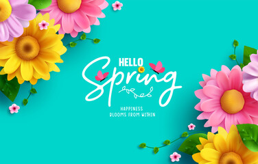 hello spring text vector background design. spring greeting typography with fresh bloom flowers and 