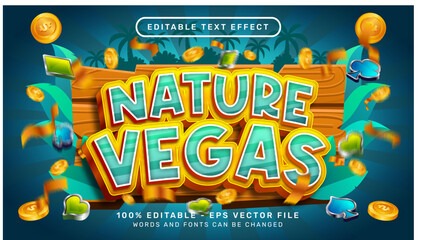 Wall Mural - nature vegas 3d text effect and editable text effect whit wood and leaf nature element