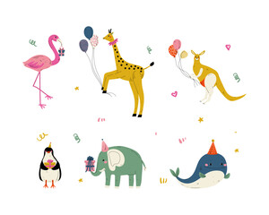 Canvas Print - Cute Animal with Gift Box and Balloons Celebrating Birthday Party Vector Set