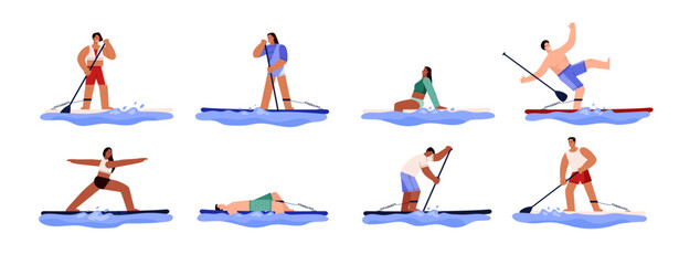 Wall Mural - Set of paddle boarding people flat style, vector illustration