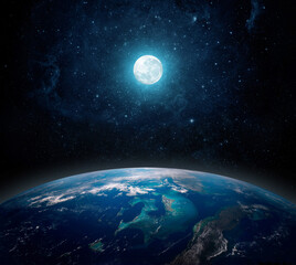 Wall Mural - A full moon above the planet Earth. View from space to the starry sky full moon and the planet Earth. Elements of this image furnished by NASA.