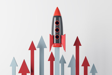Wall Mural - launching rocket with arrows on white background. start up and new beginning concept. 3d rendering.