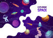 Landing page space, cartoon rocket, astronaut, space planets and stars. Vector background with funny kid cosmonaut flying in weightlessness exploring outer galaxy with asteroids, ufo and starship