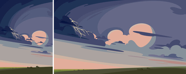 Wall Mural - Thunderstorm at sunset. Nature landscape in different formats.