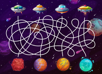 Poster - Labyrinth maze. Help to UFO find a space planet. Children labyrinth maze, find way playing activity vector worksheet, search path quiz with alien starships, flying sauces and space fantastic planets