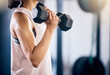 © J Bettencourt/peopleimages.com - Woman, arms or dumbbell gym workout, training or exercise for strong muscle growth, healthcare wellness or body management. Sports athlete, personal trainer or coach with weightlifting fitness goals