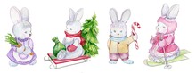Cute, Funny Watercolor Characters In Winter Hats, Scarves, Mittens. Hares On Skis And On A Sleigh With A Christmas Tree And A Bag, A Hare With A Carrot In A Dress, A Hare With A Candy In Cartoon Style