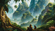 Painting Of A Gorilla Ape In The Jungle, Generative AI