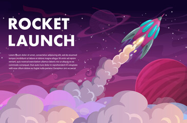 Wall Mural - rocket launch to galaxy space, fast start theme with cartoon rocket and chemtrail clouds. vector pos