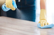 © J Bettencourt/peopleimages.com - Cleaning, housekeeping and hands with spray bottle on furniture for spring cleaning, dust and dirt on surface. Housework, healthcare and person with rubber gloves, cleaning products and disinfection