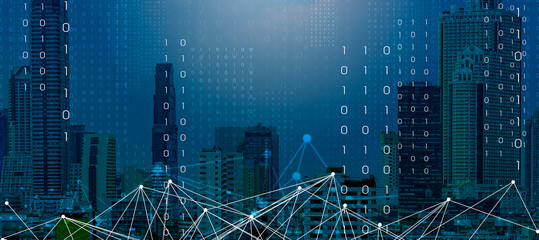 Wall Mural - modern city with wireless network connection and city scape concept.wireless network and connection 