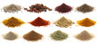 Set spice, white peppercorns, star anise, ground sumac, anise seeds, curry pile, red paprika powder, ginger, turmeric, white pepper, tikka masala, dry rosemary, shiitake mushroom isolated on white