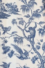 Historic Toile De Jouy Wall Covering Detail Depicting A Monkey, Birds And Plantds In A Canal House In Amsterdam, Netherlands
