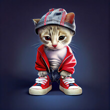 Cute Cat Dressed In Large Hip-hop Clothing As Rapper (Generative AI)